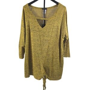Olivia Blu Women 2X Mustard Yellow Marled Cutout V-Neck Tie Front Top 3/4 Sleeve